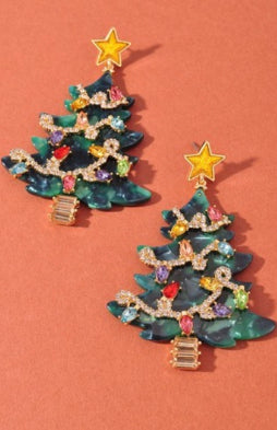 Christmas Tree Acetate Rhinestone Drop Earrings